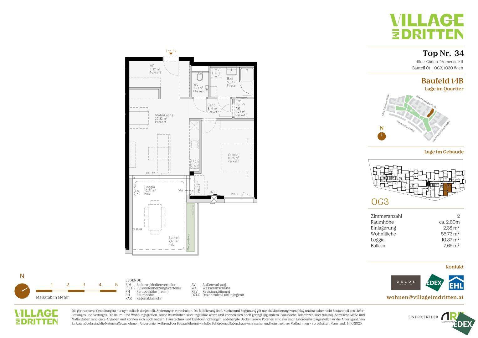 Grundriss einer Wohnung mit zwei Zimmern, Loggia und Balkon.