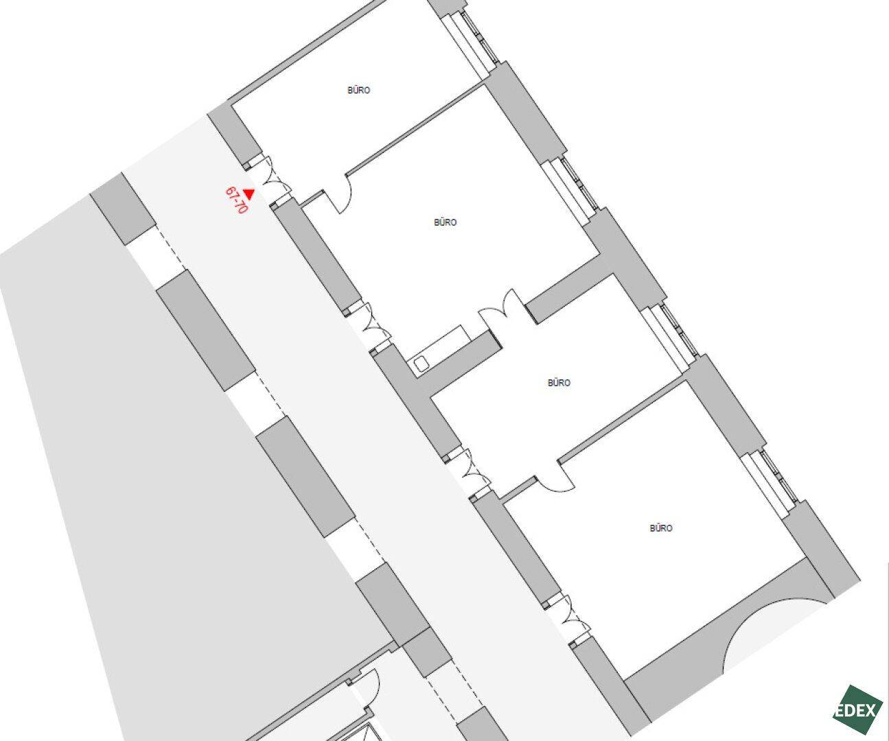 Grundrissplan mit mehreren Büroräumen und einem klaren Layout für gewerbliche Nutzung.