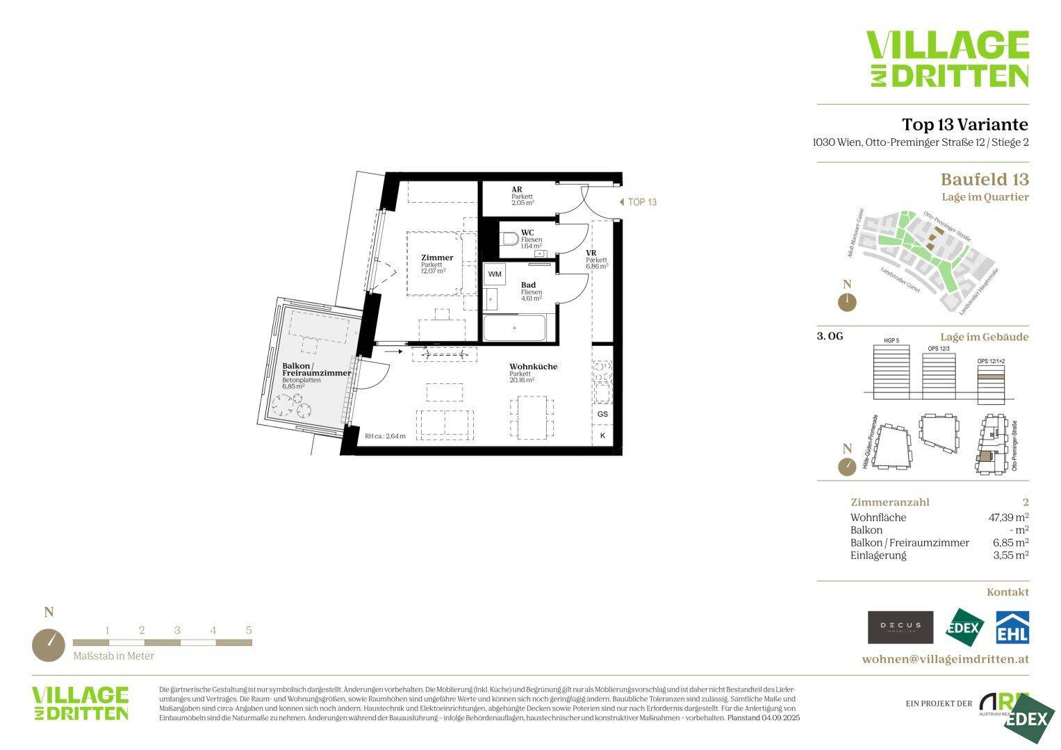 Grundriss der Variante Top 13 mit Wohnküche, Zimmer, Bad und Balkon.