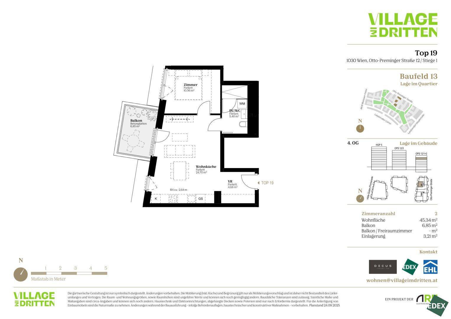 Grundriss einer Wohnung mit Wohnküche, Schlafzimmer und Balkon im 4. Obergeschoss.