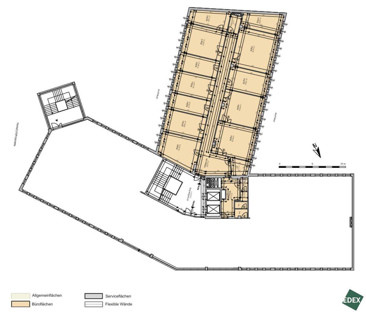 Grundrissplan eines Bürogebäudes mit flexiblen Bürobereichen und allgemeiner Flächenaufteilung.