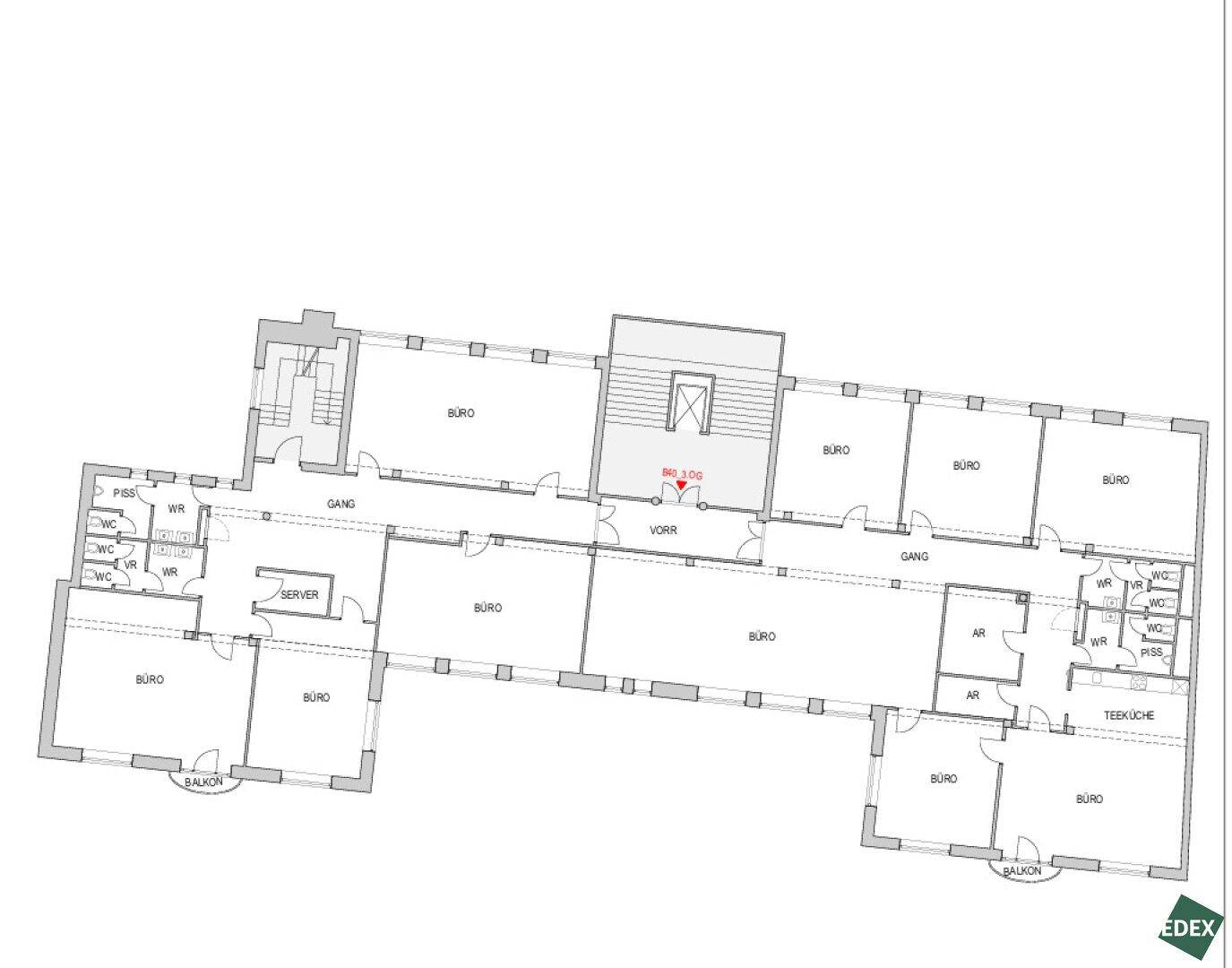 Grundriss des Bürogebäudes mit mehreren Büros, Teeküchen und Sanitäranlagen.