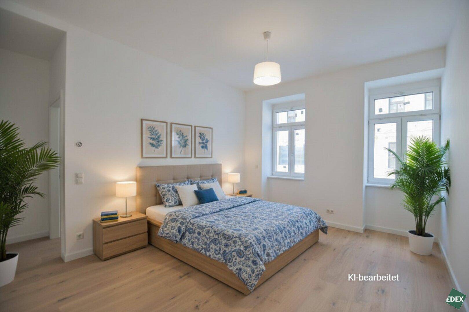 Gemütliches Schlafzimmer mit Holzboden, Doppelbett und blauer Bettwäsche, lichtdurchflutet.