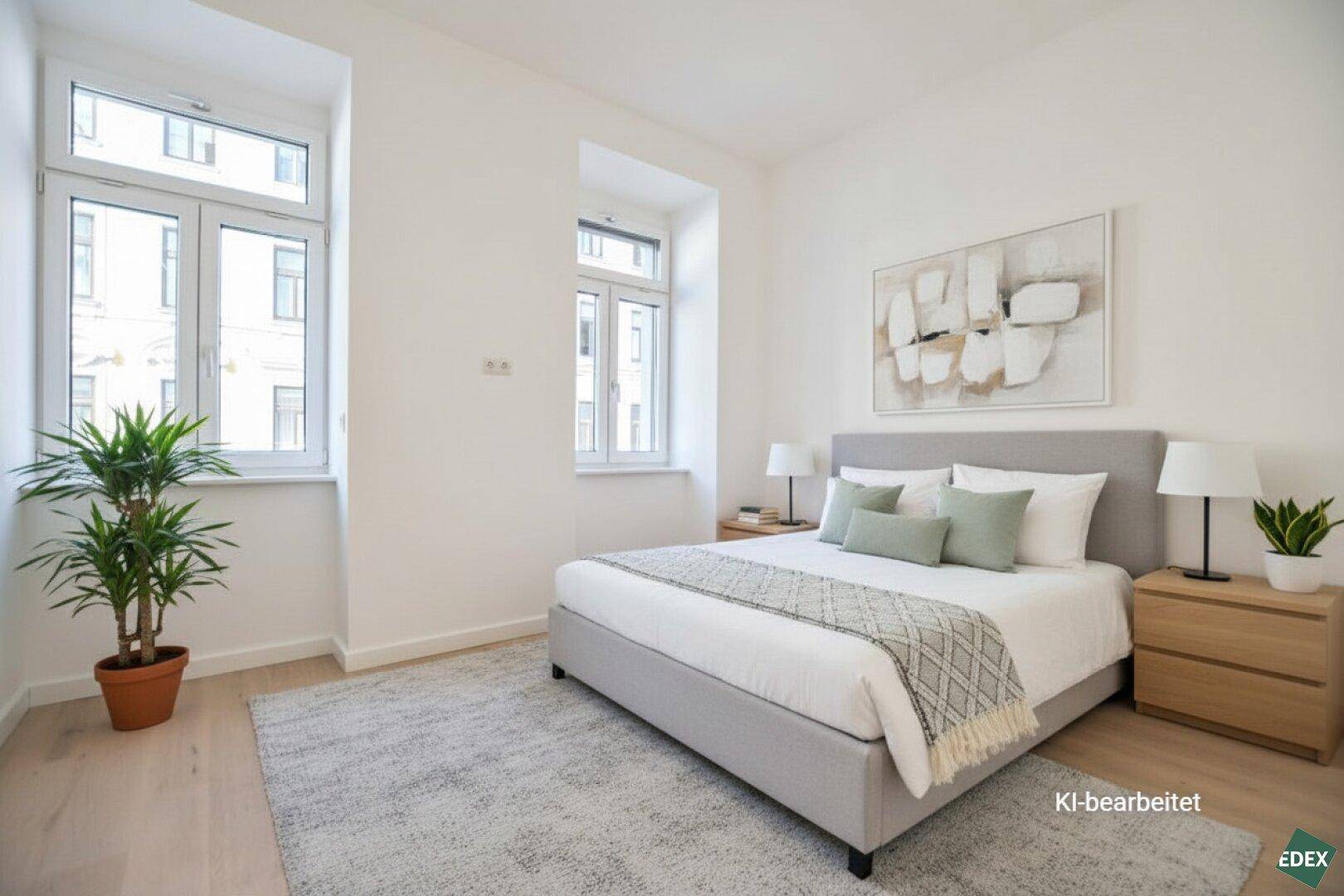 Helles Schlafzimmer mit Doppelbett, Holzboden und großen Fenstern, die viel Tageslicht hereinlassen.