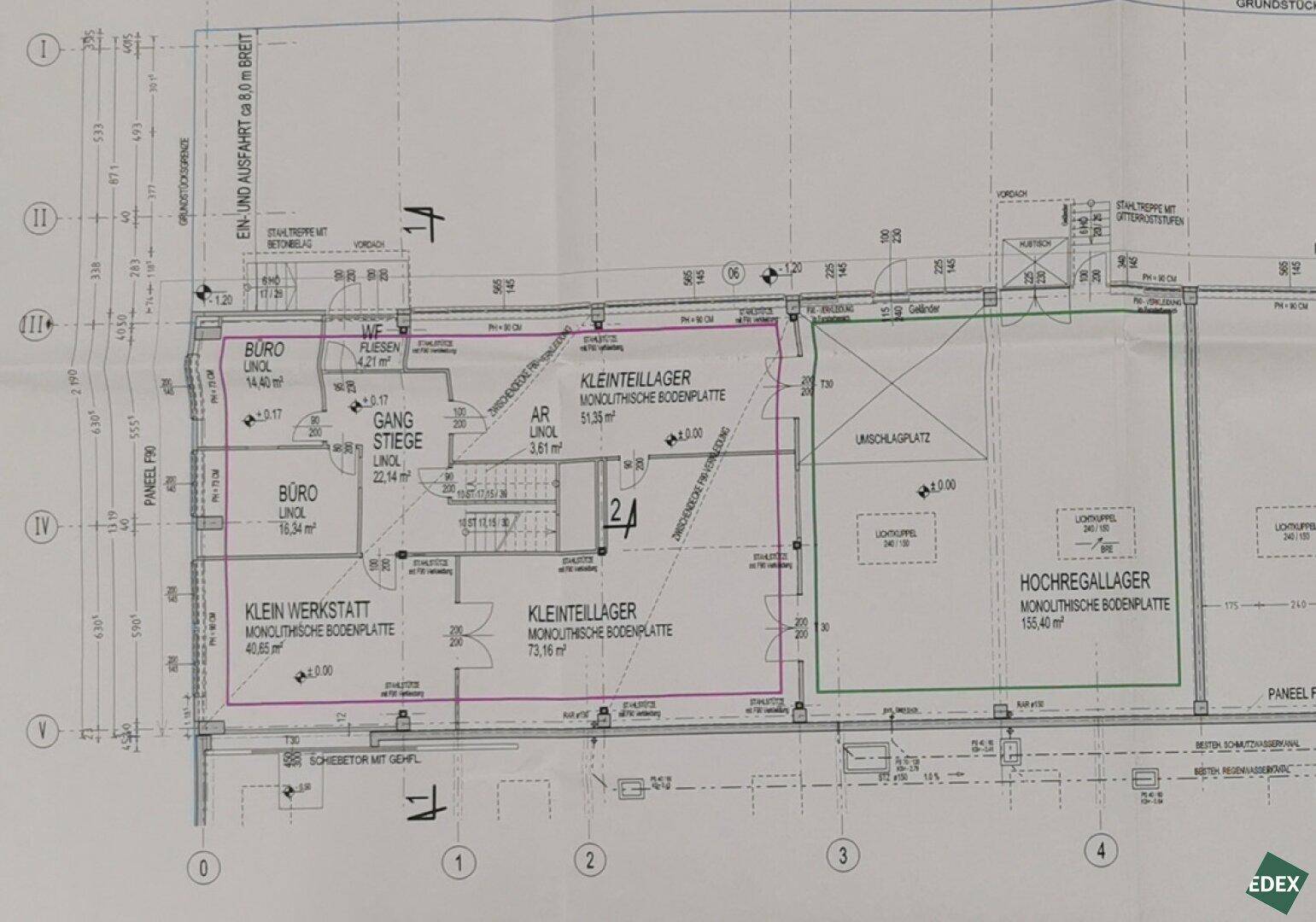 Grundriss des Erdgeschosses mit Büros, Werkstatt und Hochregallager.