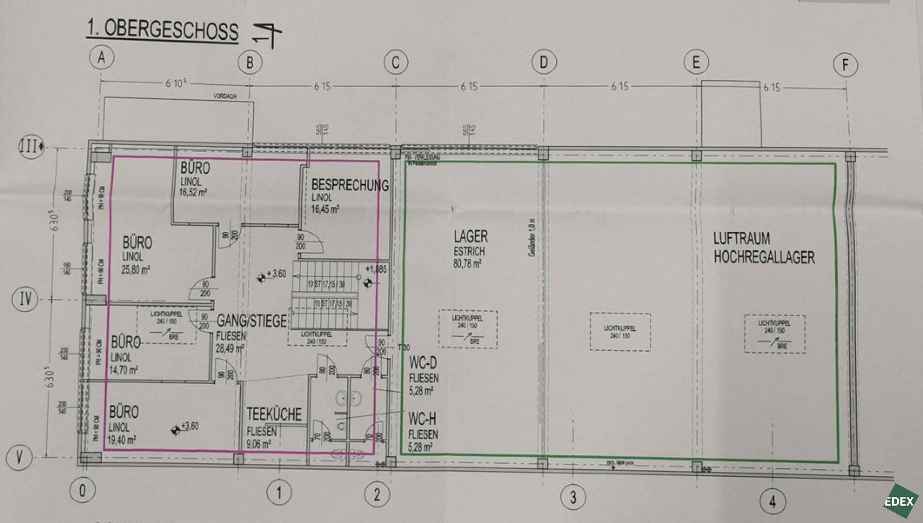 Grundriss des Obergeschosses mit Büros, Besprechungsraum, Teeküche und Lager.
