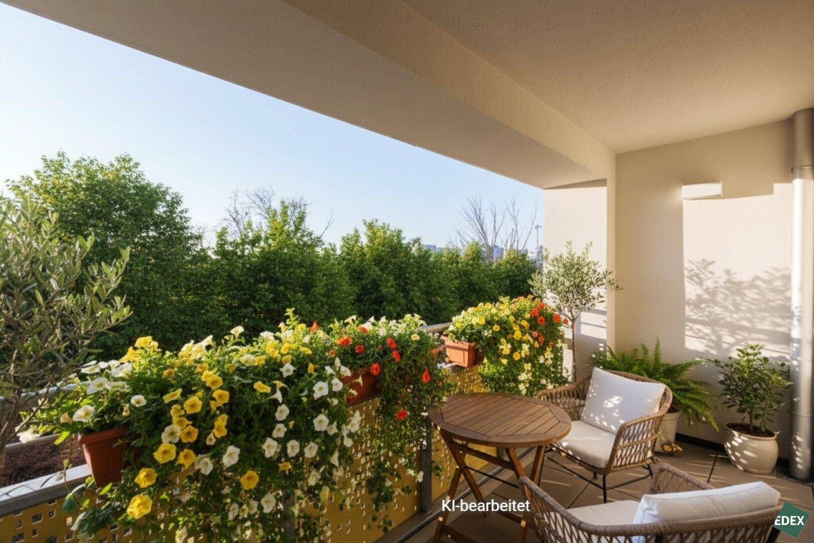 Sonniger Balkon mit bunten Blumenkästen und gemütlichen Korbmöbeln, umgeben von Grün.