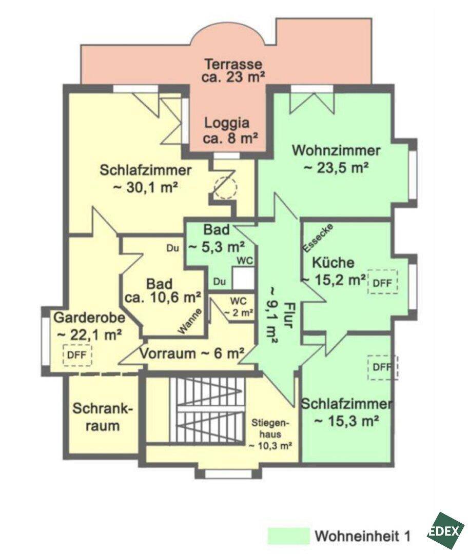 Grundriss des Obergeschosses mit mehreren Schlafzimmern, Bädern, Loggia und einer weiteren Terrasse.