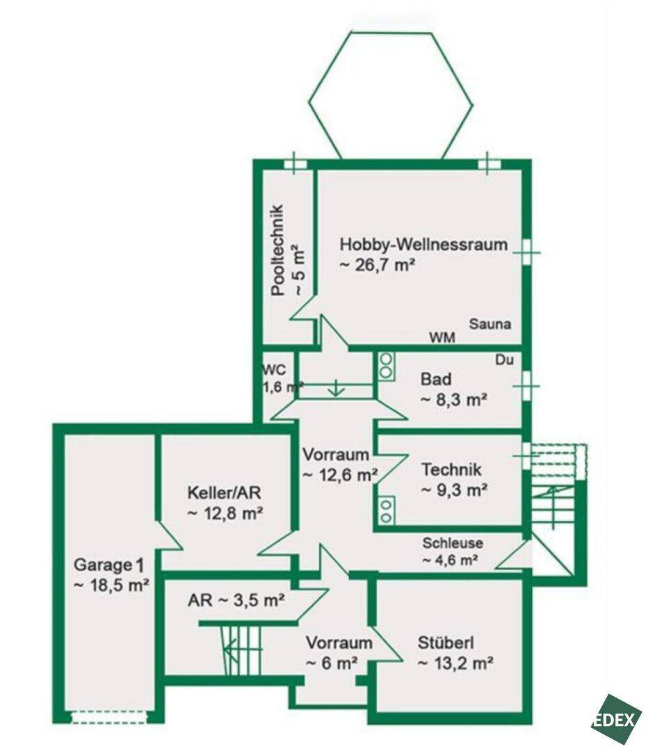 Grundriss des Untergeschosses mit Wellnessbereich, Sauna, Bad, Keller und Garage.