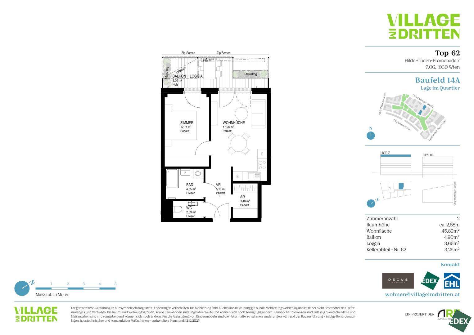 Grundriss der Wohnung Top 62 mit Wohnküche, Schlafzimmer und Balkon/Loggia.