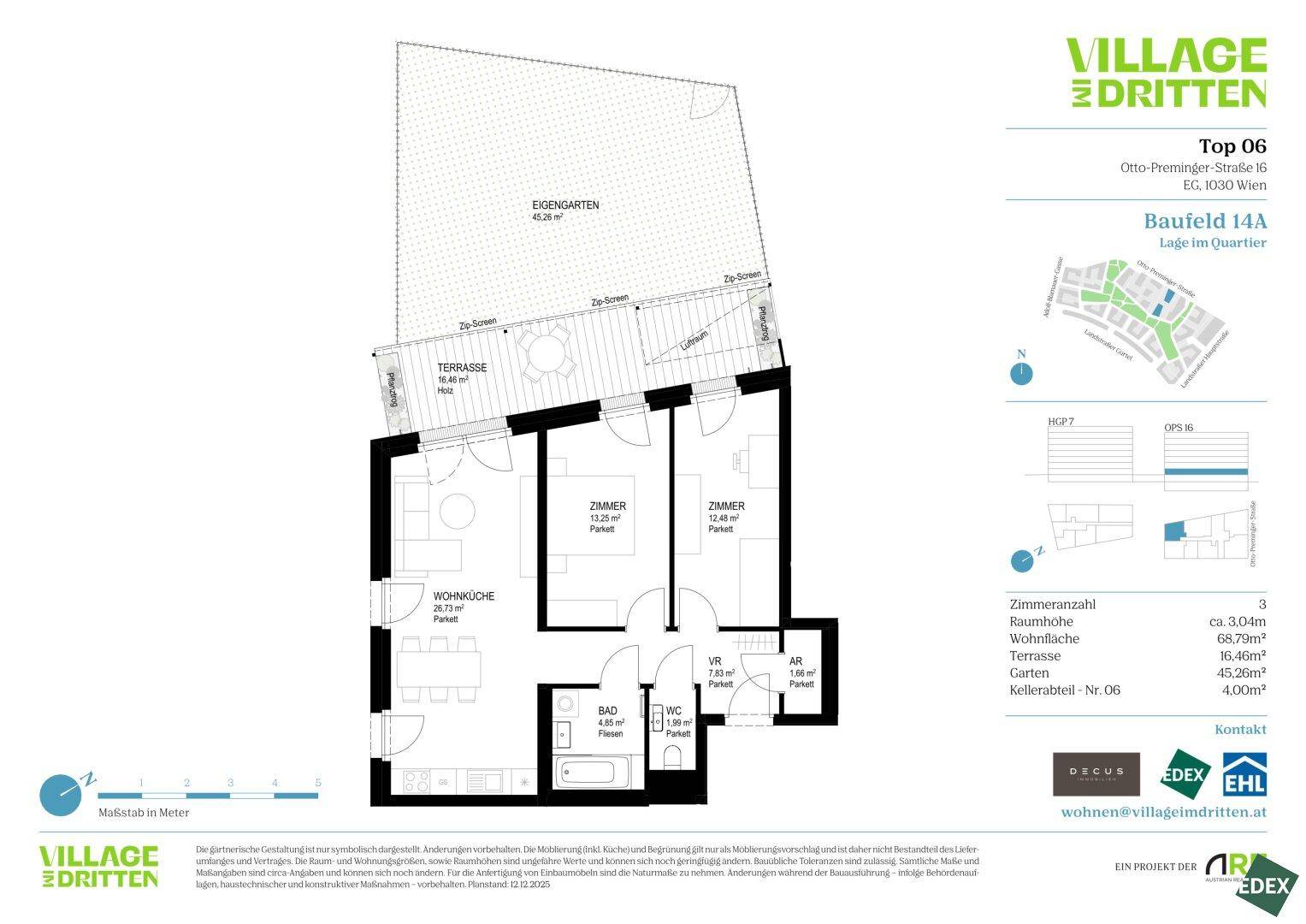 Grundriss einer Wohnung mit drei Zimmern, Terrasse und eigenem Gartenbereich.