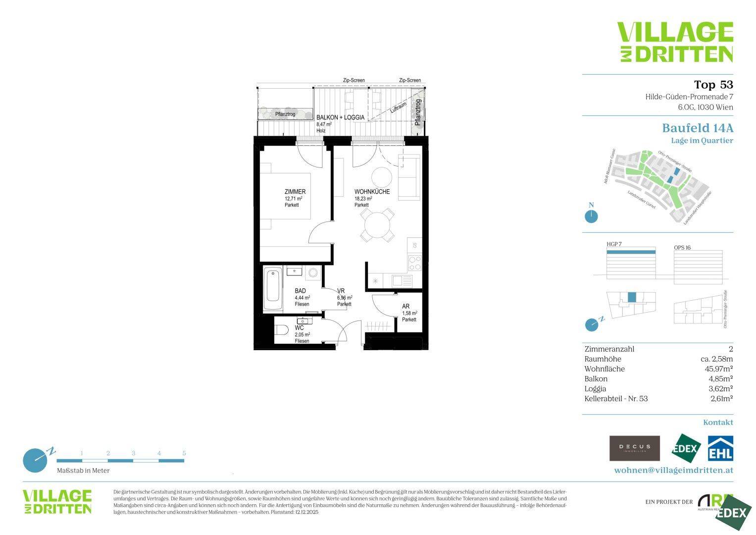 Grundriss der Wohnung Top 53 mit einem Schlafzimmer, Wohnküche und Balkon-Loggia.