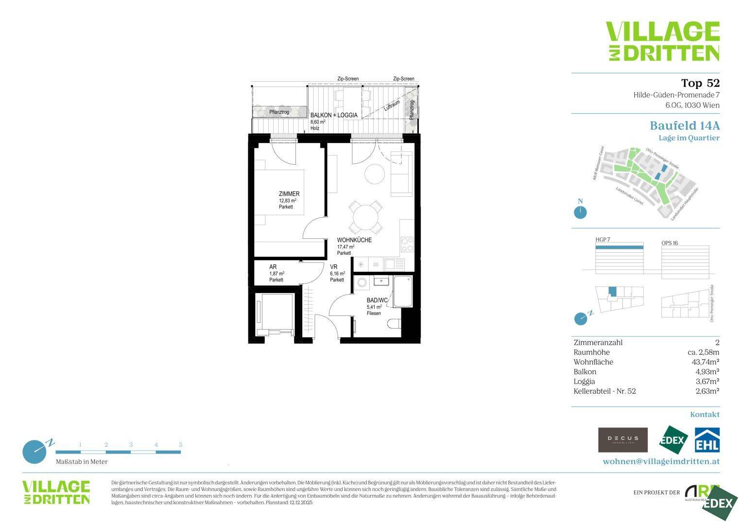 Detaillierter Grundriss einer Wohnung mit Balkon und Loggia, inklusive Raumaufteilung und Flächenangaben.