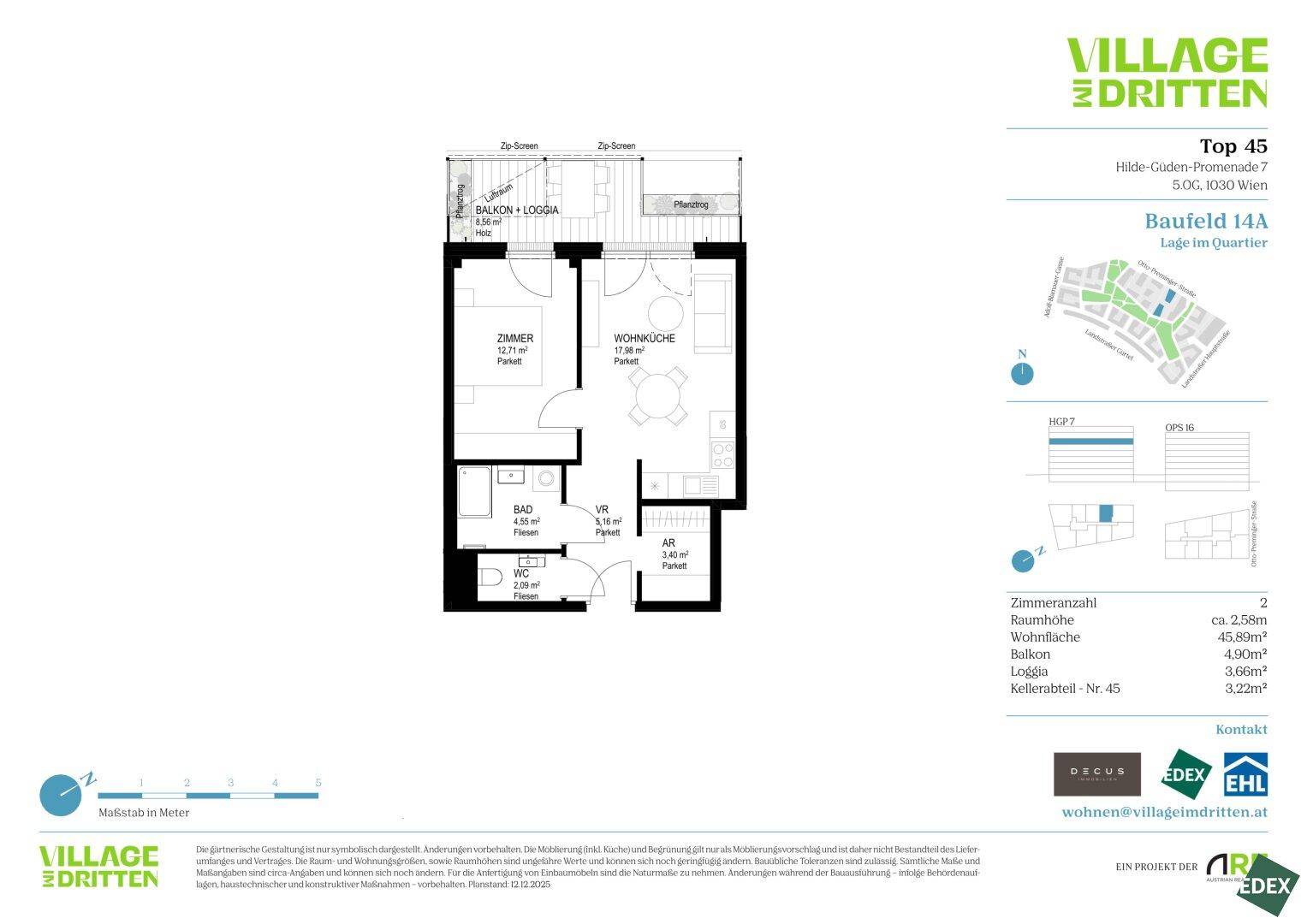 Grundriss der Wohnung Top 45 mit Wohnküche, Schlafzimmer, Bad, WC und Balkon/Loggia.