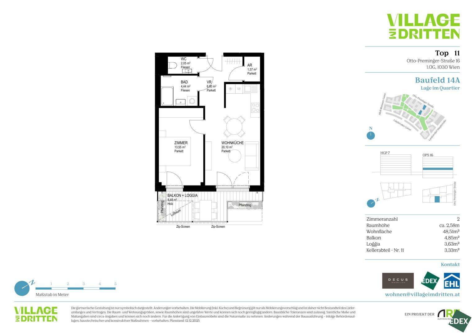Grundriss einer Wohnung mit Wohnküche, Schlafzimmer, Bad und Balkon/Loggia.