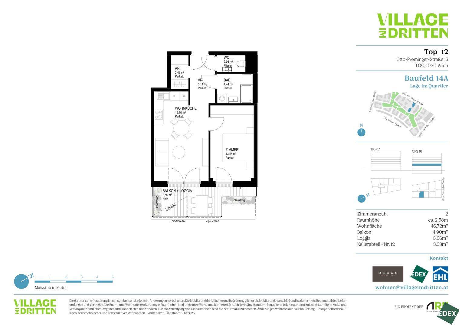 Grundriss einer Wohnung mit einem Schlafzimmer, Wohnküche und Balkon oder Loggia.