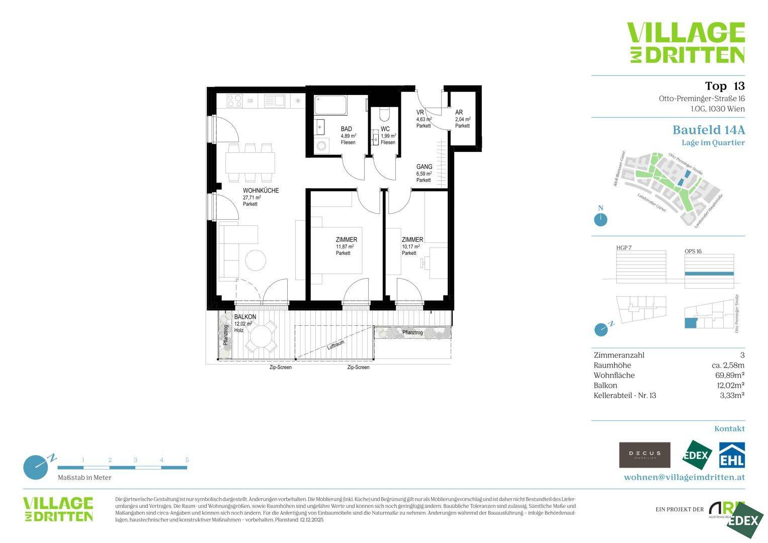 Detaillierter Grundriss einer Wohnung mit Wohnküche, zwei Zimmern und Balkon.