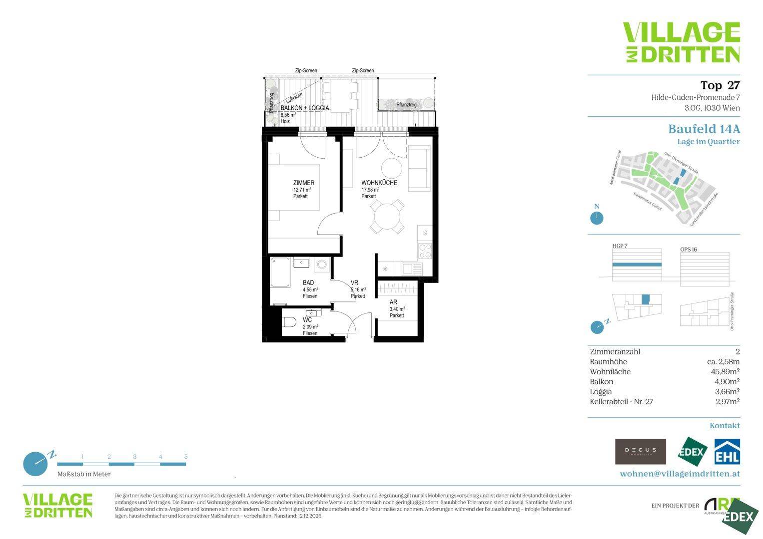 Detaillierter Grundriss einer Wohnung mit Balkon/Loggia und separatem WC.