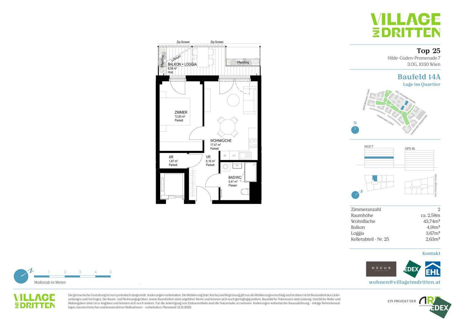 Grundriss einer Wohnung mit Balkon, Loggia, Wohnküche und separatem Zimmer.