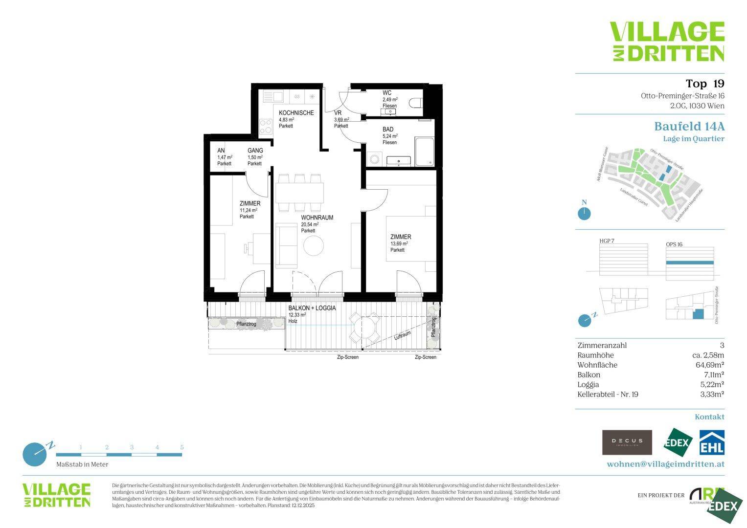 Detaillierter Grundriss einer Wohnung mit Balkon, Küche, Wohnraum und zwei Zimmern.