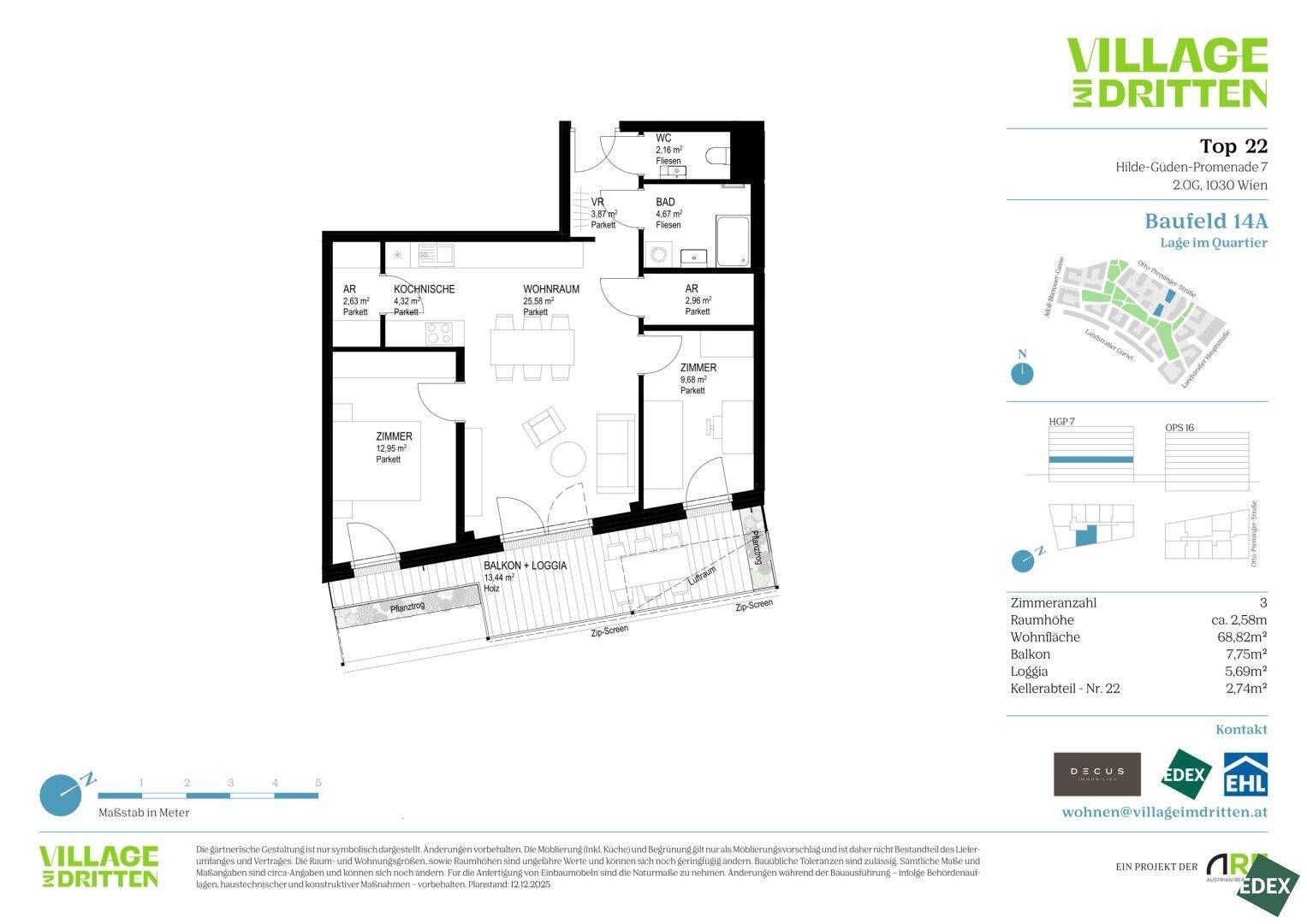 Detaillierter Grundriss der Wohnung Top 22 mit Balkon und Loggia.