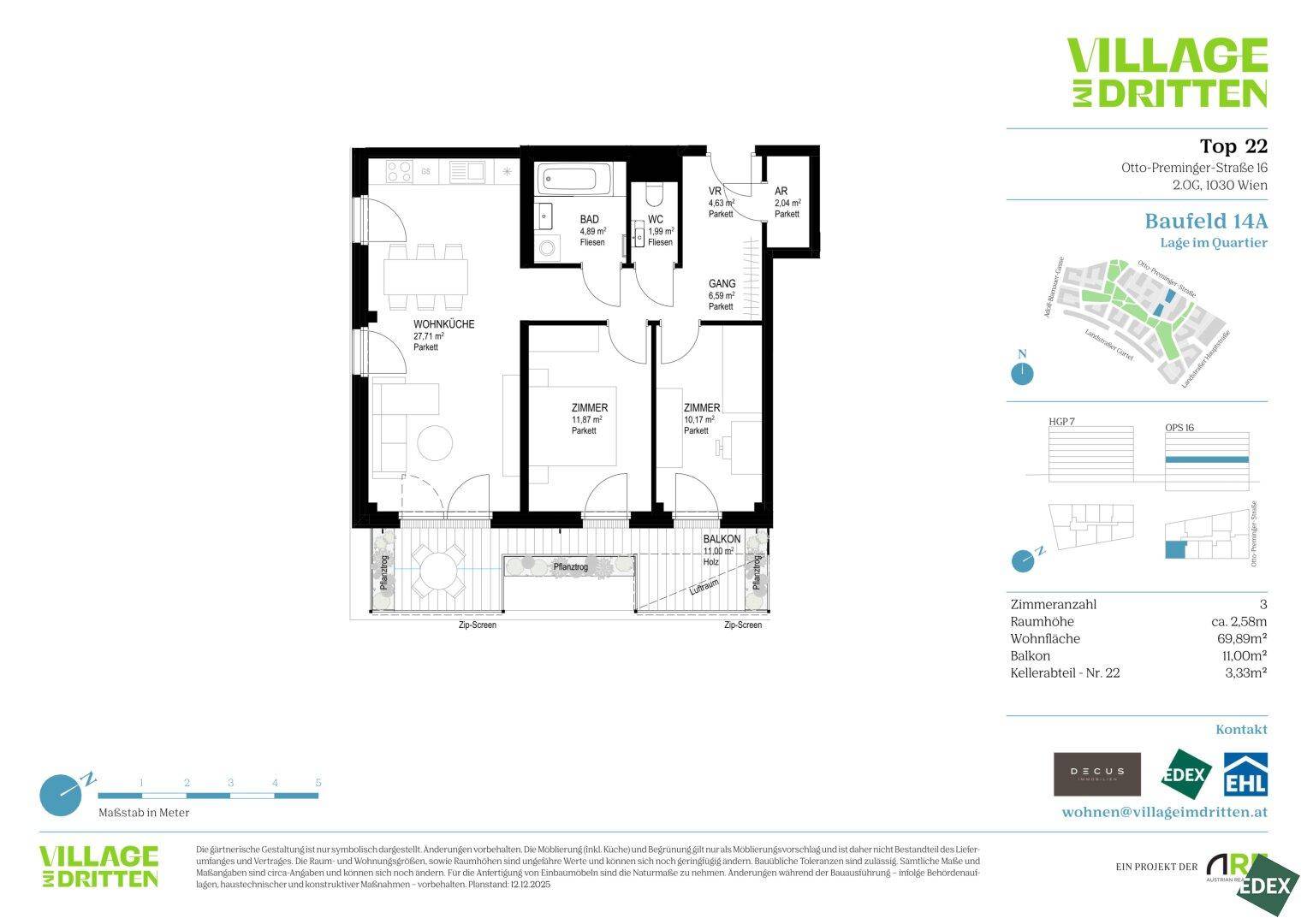 Grundriss der Wohnung Top 22 mit offenem Wohn-Kochbereich, zwei Zimmern und Balkon.