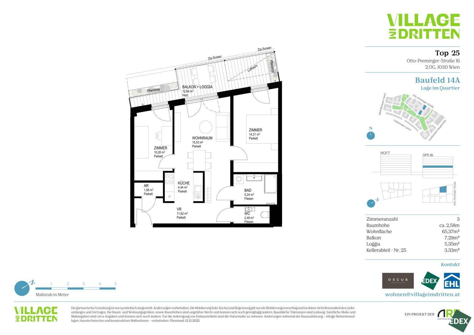 Grundriss einer Wohnung mit zwei Zimmern, Bad, WC und Balkon-Loggia.