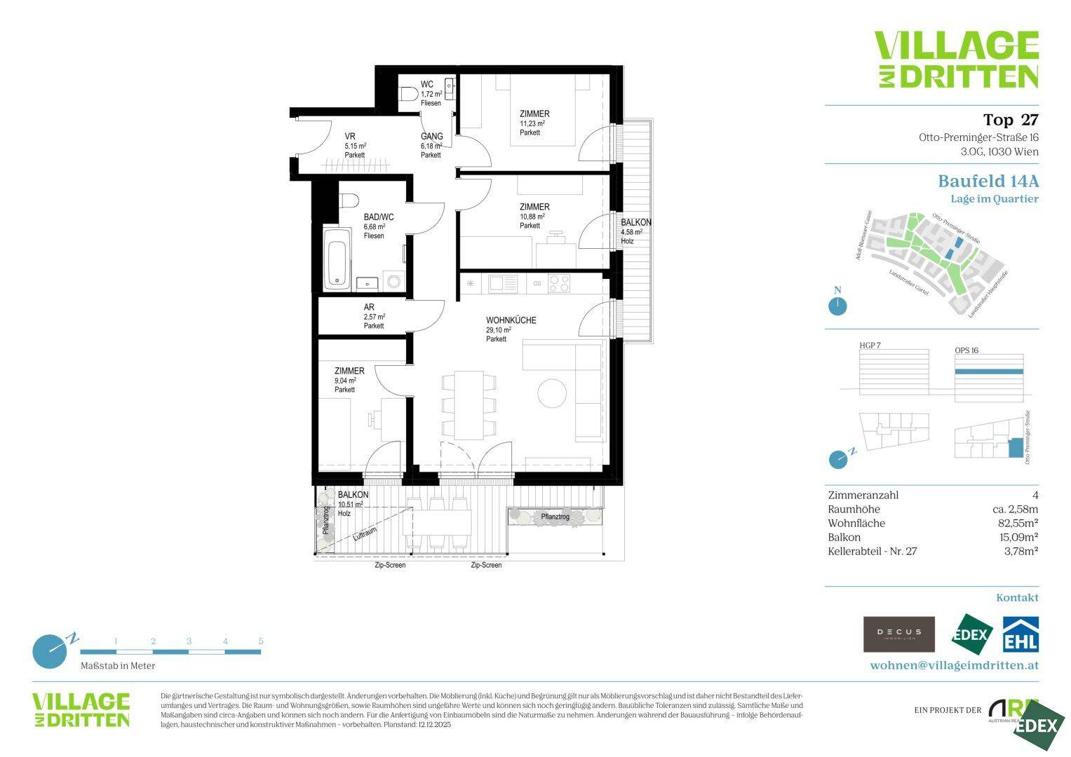 Detaillierter Grundriss der Wohnung Top 27 mit zwei Balkonen, einem Bad und separatem WC.