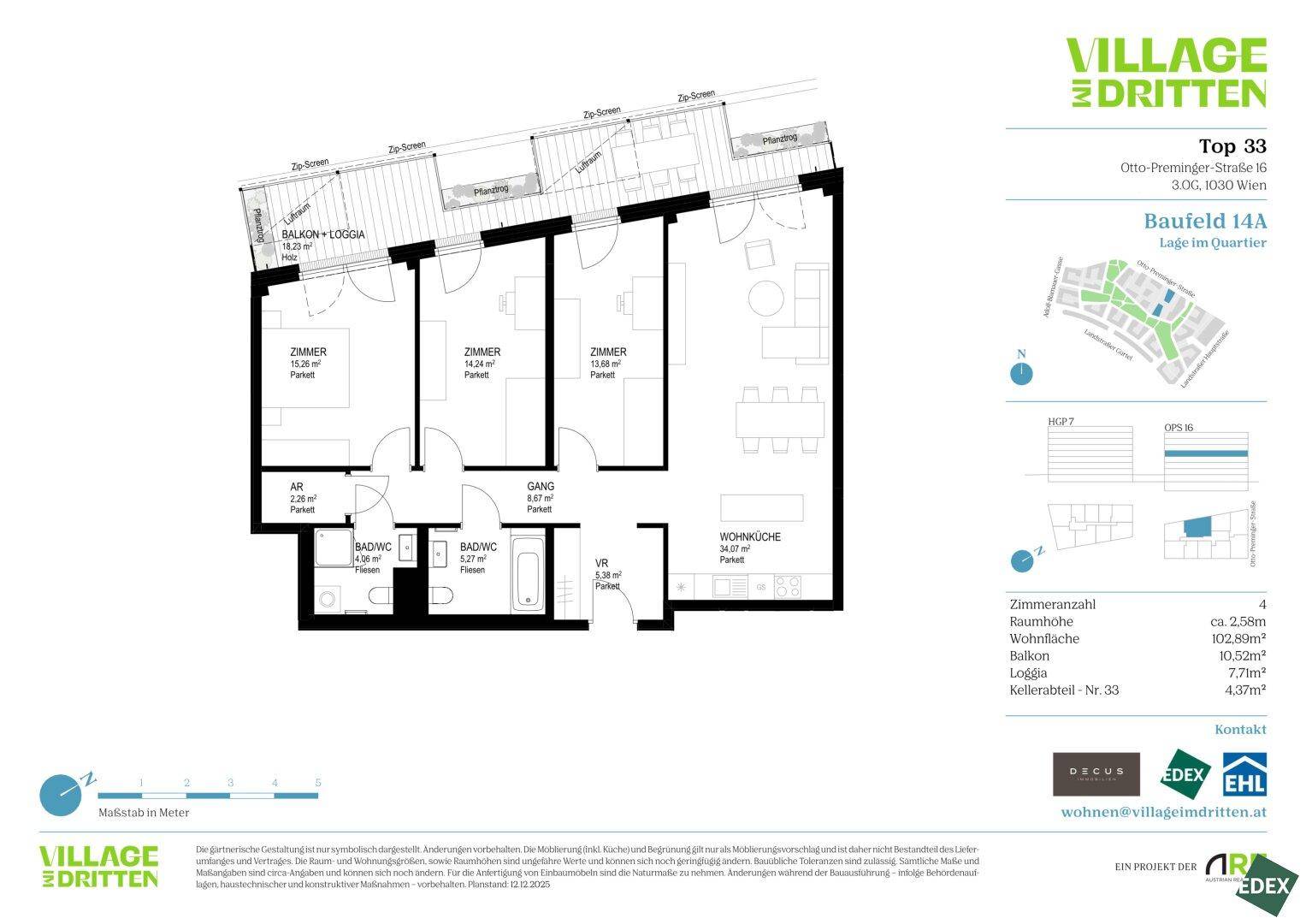 Grundriss der Wohnung Top 33 mit Balkon, Loggia und offenem Wohnküchenbereich.