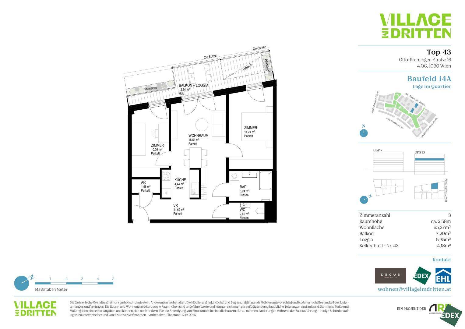 Grundriss einer Wohnung mit zwei Zimmern, Bad, WC und Balkon-Loggia.