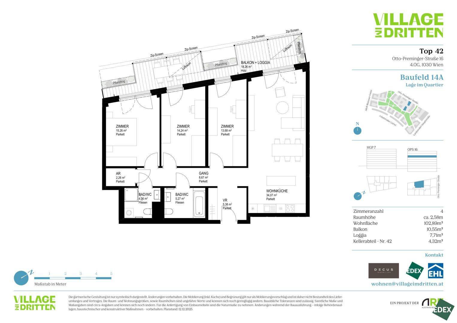 Grundriss der Wohnung Top 42 mit drei Zimmern, Wohnküche, Bad und Balkon/Loggia.