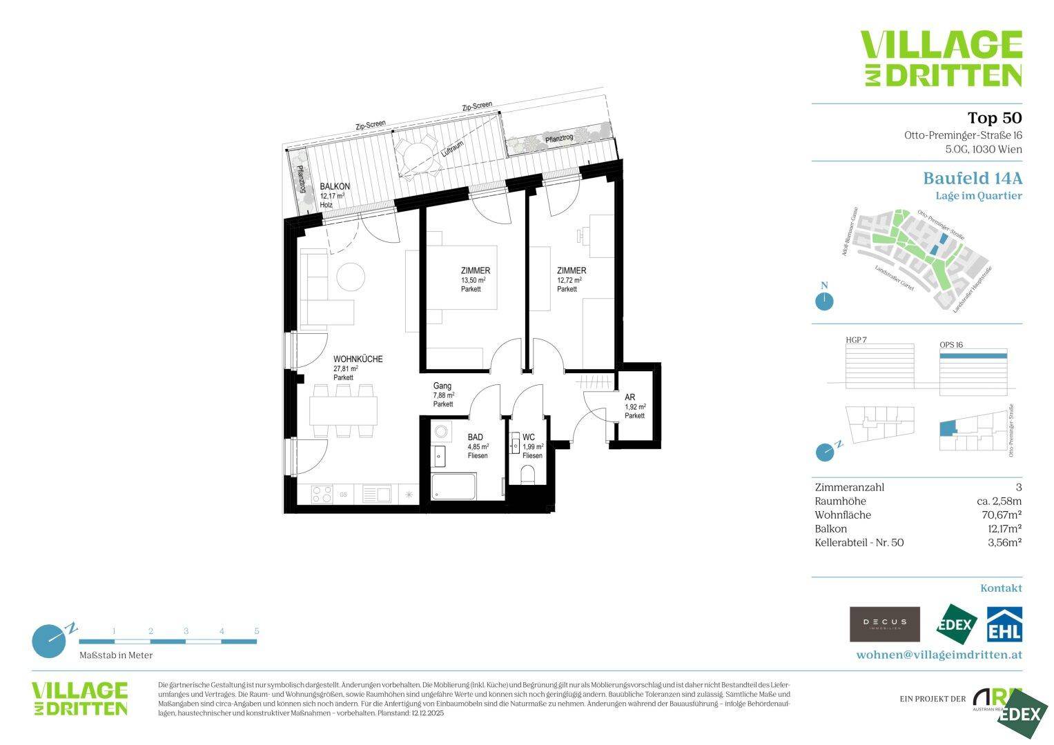 Grundriss einer Wohnung mit Wohnküche, zwei Zimmern, Bad, WC und Balkon.