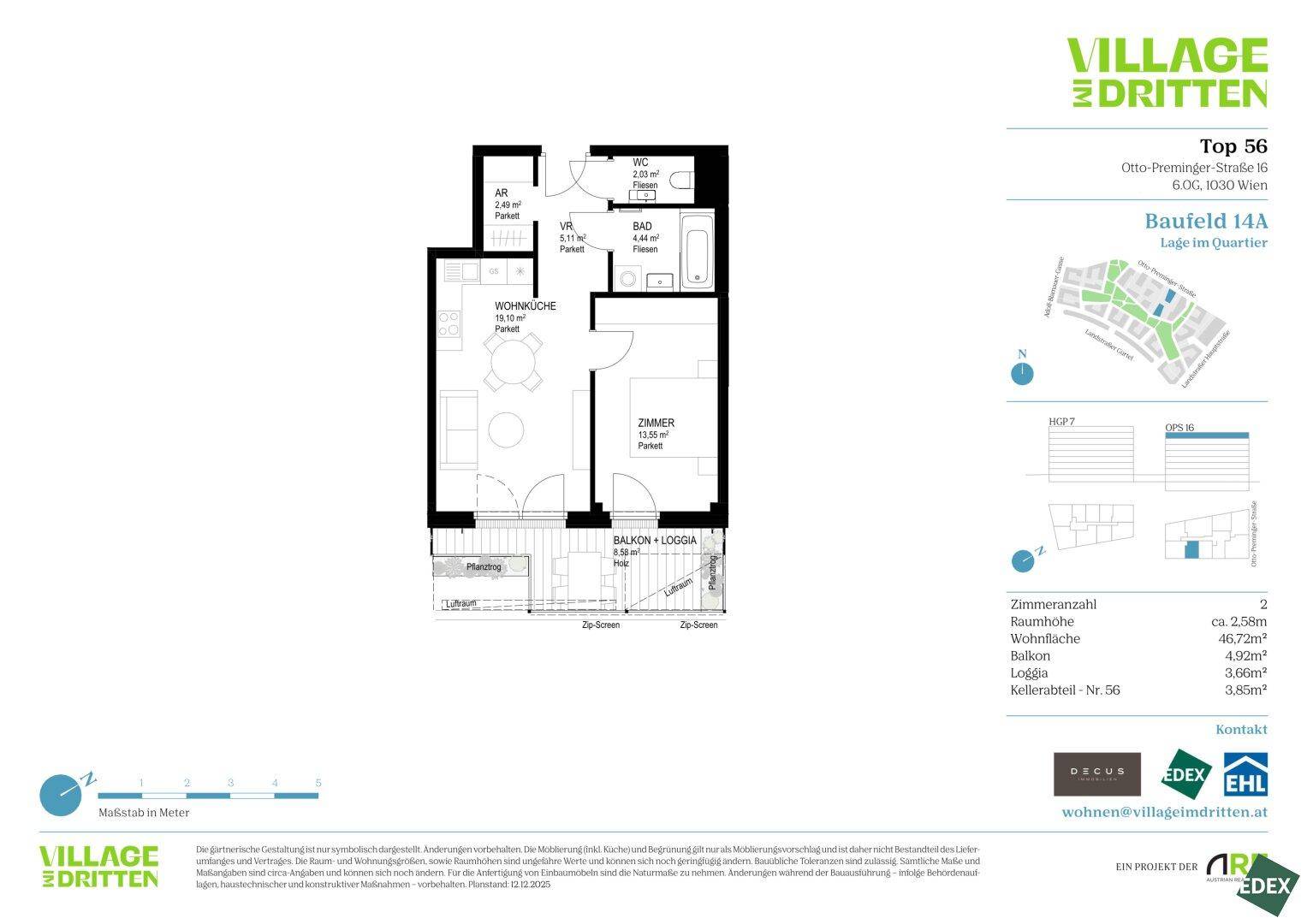 Grundriss einer Wohnung mit Wohnküche, Schlafzimmer, Bad und Balkon oder Loggia.