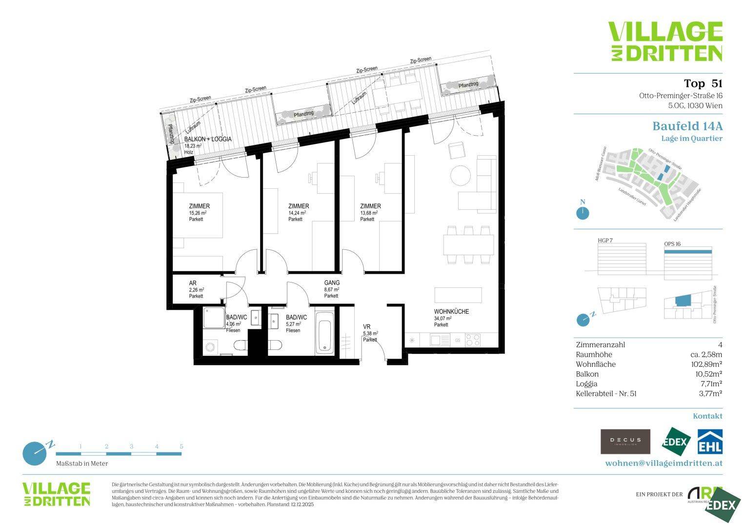 Grundriss einer Wohnung mit drei Zimmern, Wohnküche und Balkon/Loggia.