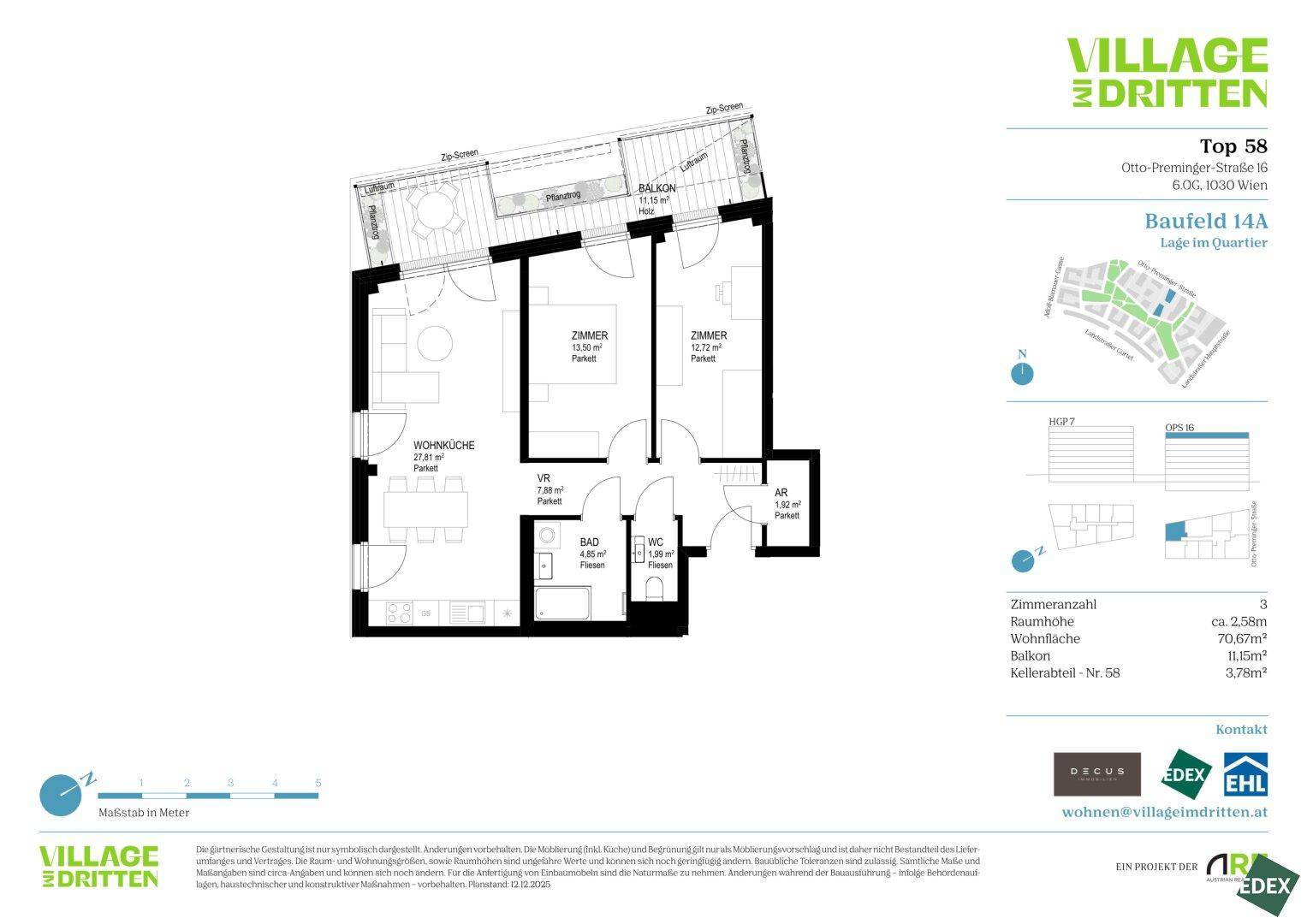 Grundriss der Wohnung Top 58 mit drei Zimmern, Balkon und separatem WC.