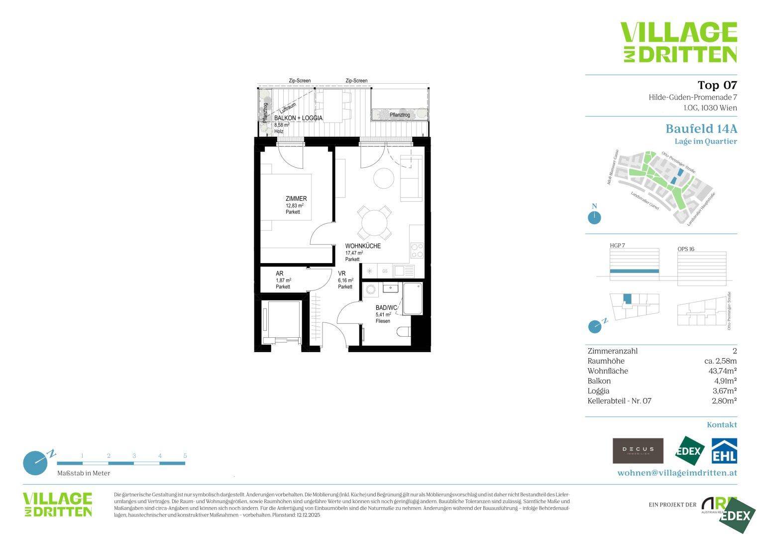 Grundriss einer Wohnung mit einem Schlafzimmer, Wohnküche und Balkon/Loggia.