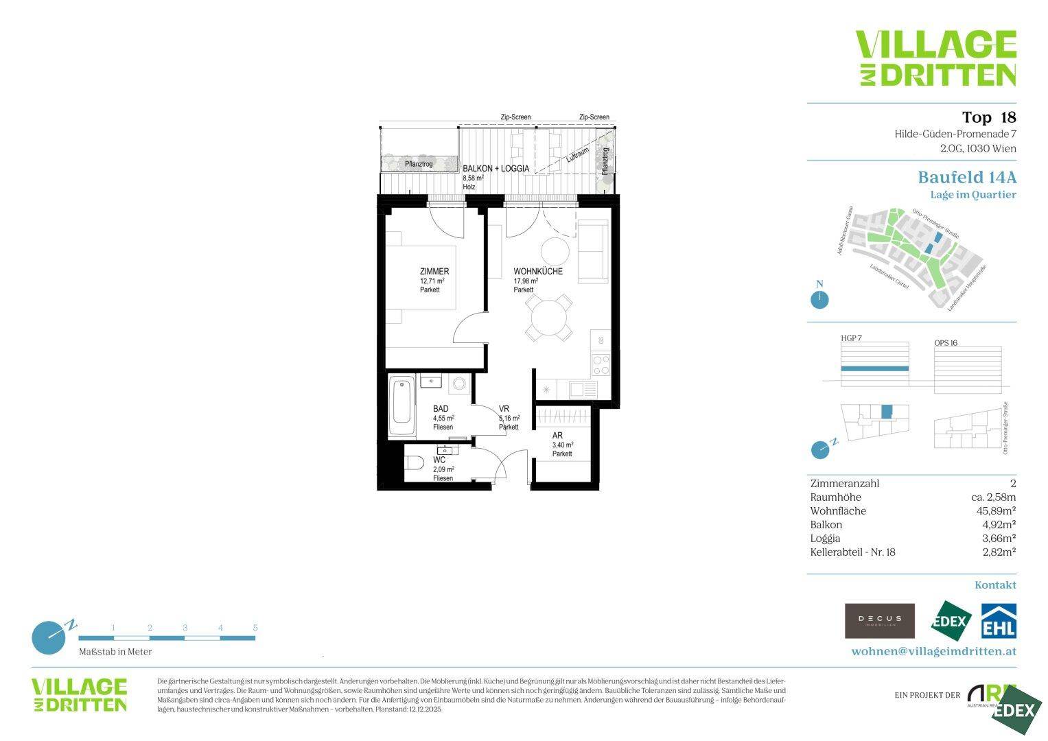 Grundriss einer Wohnung mit Wohnküche, Schlafzimmer, Bad und kombiniertem Balkon/Loggia.