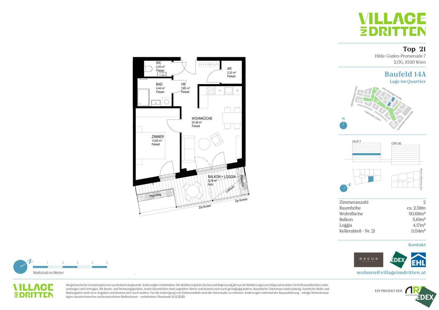 Grundriss einer Wohnung mit Balkon/Loggia, separatem WC und offenem Wohnbereich.