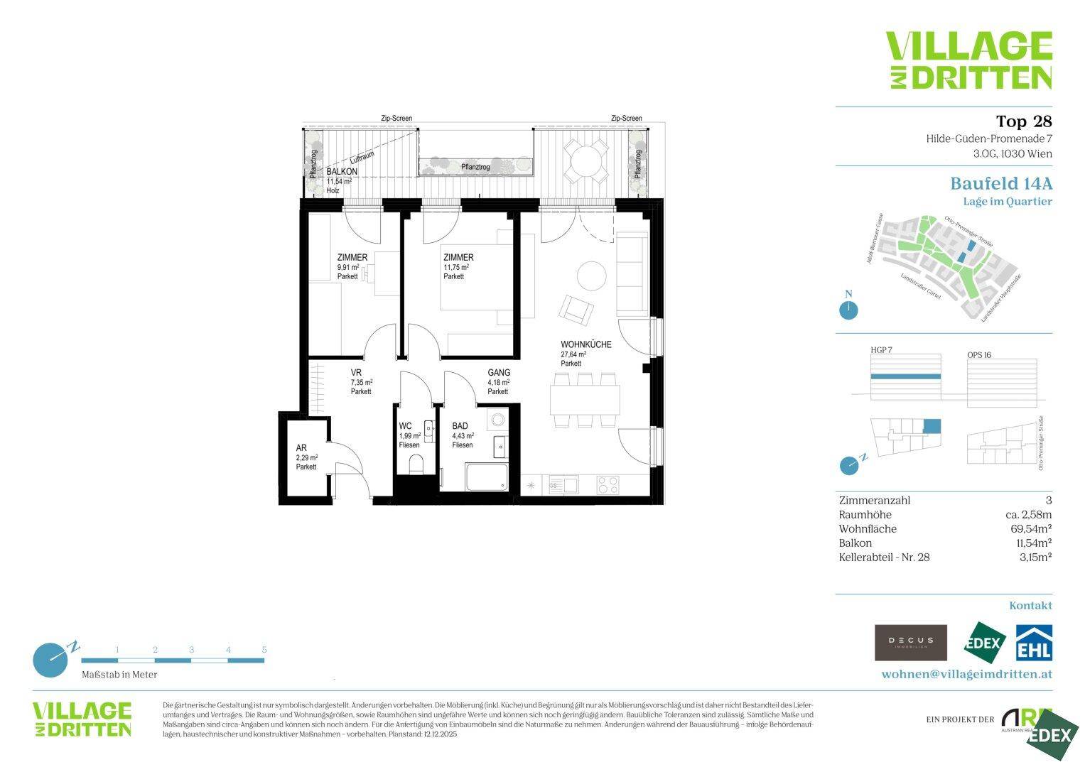 Detaillierter Grundriss einer Wohnung mit Balkon, zwei Schlafzimmern und offenem Wohnbereich.