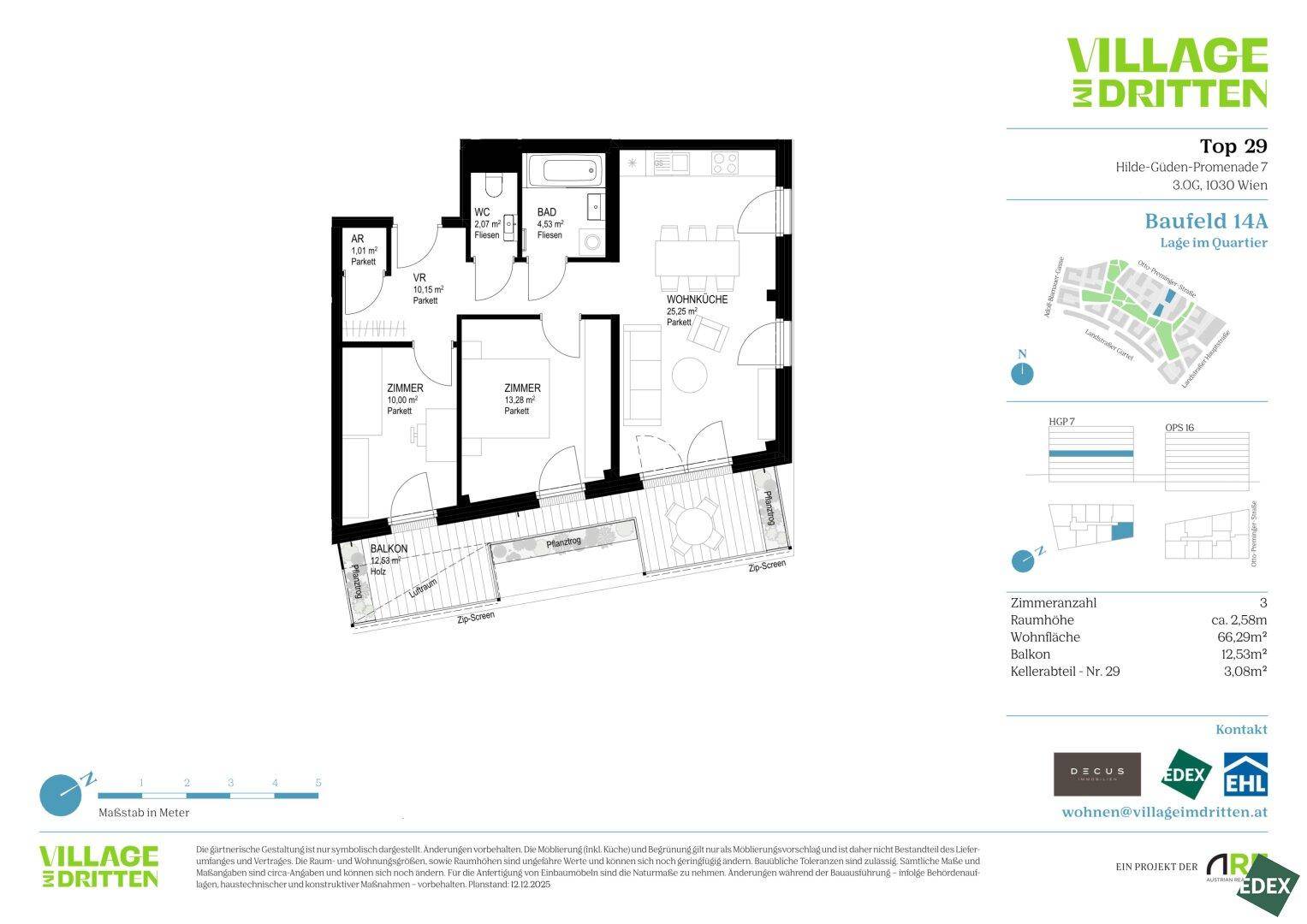 Detaillierter Grundriss einer Wohnung mit Balkon und separatem WC.