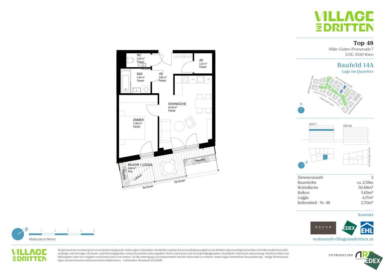 Detaillierter Grundriss einer Wohnung mit Balkon/Loggia und separatem WC.