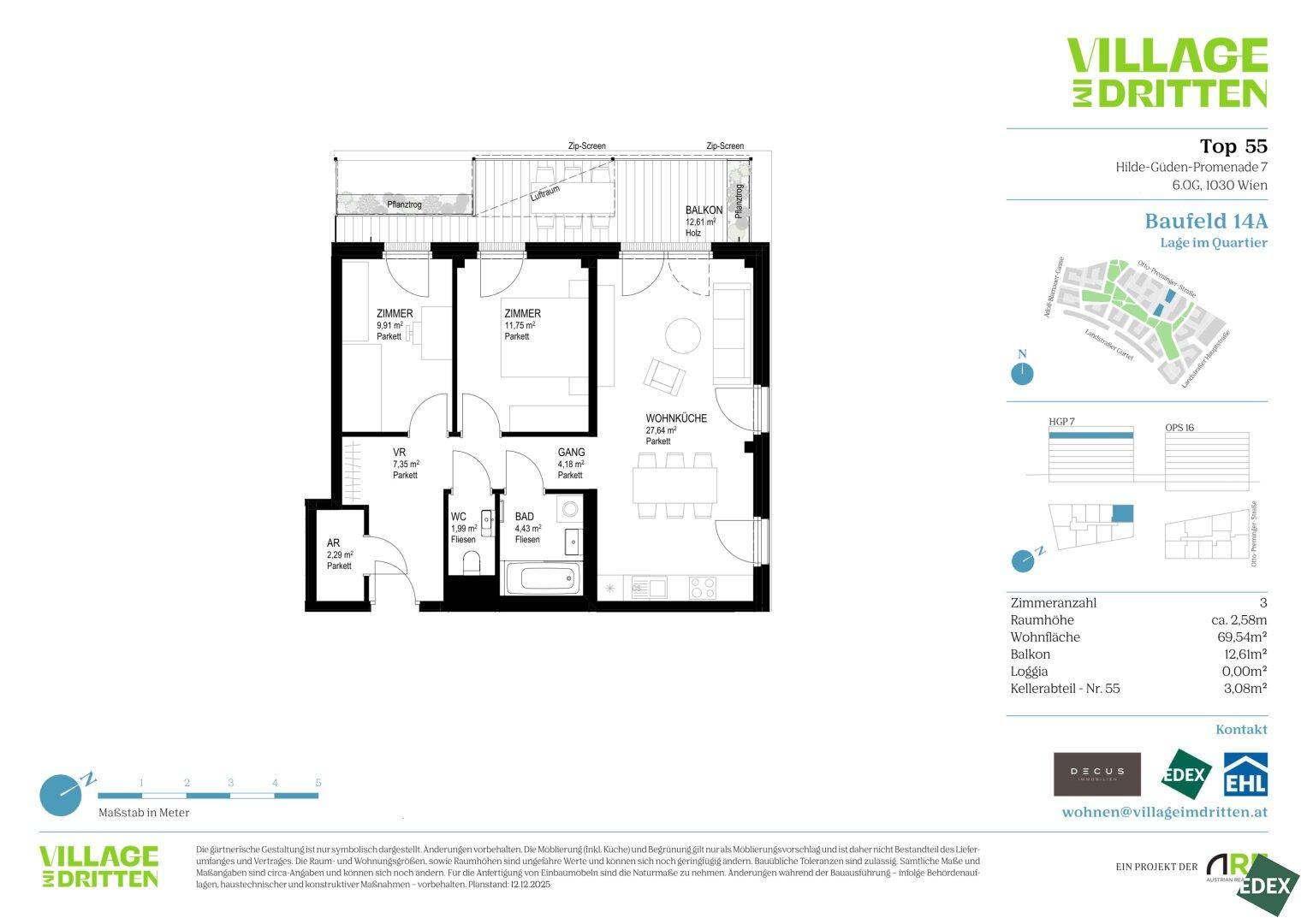 Detaillierter Grundriss einer Wohnung mit Balkon, WC und Bad, sowie drei Zimmern.