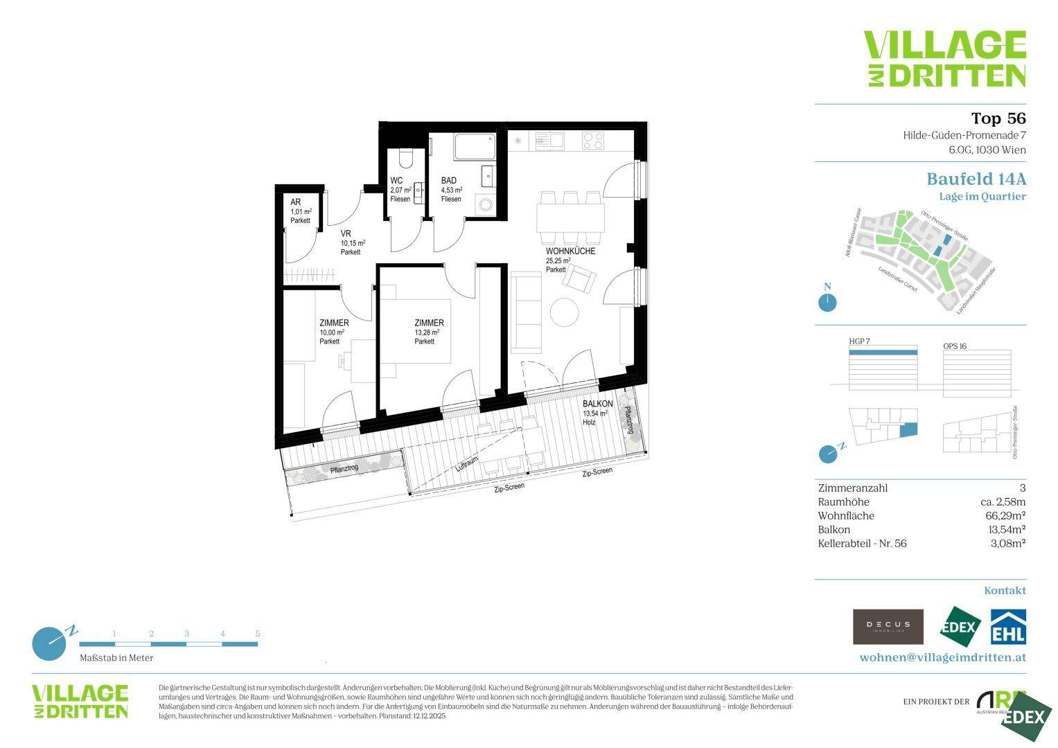 Grundriss einer Wohnung mit zwei Zimmern, Bad, WC und Balkon.
