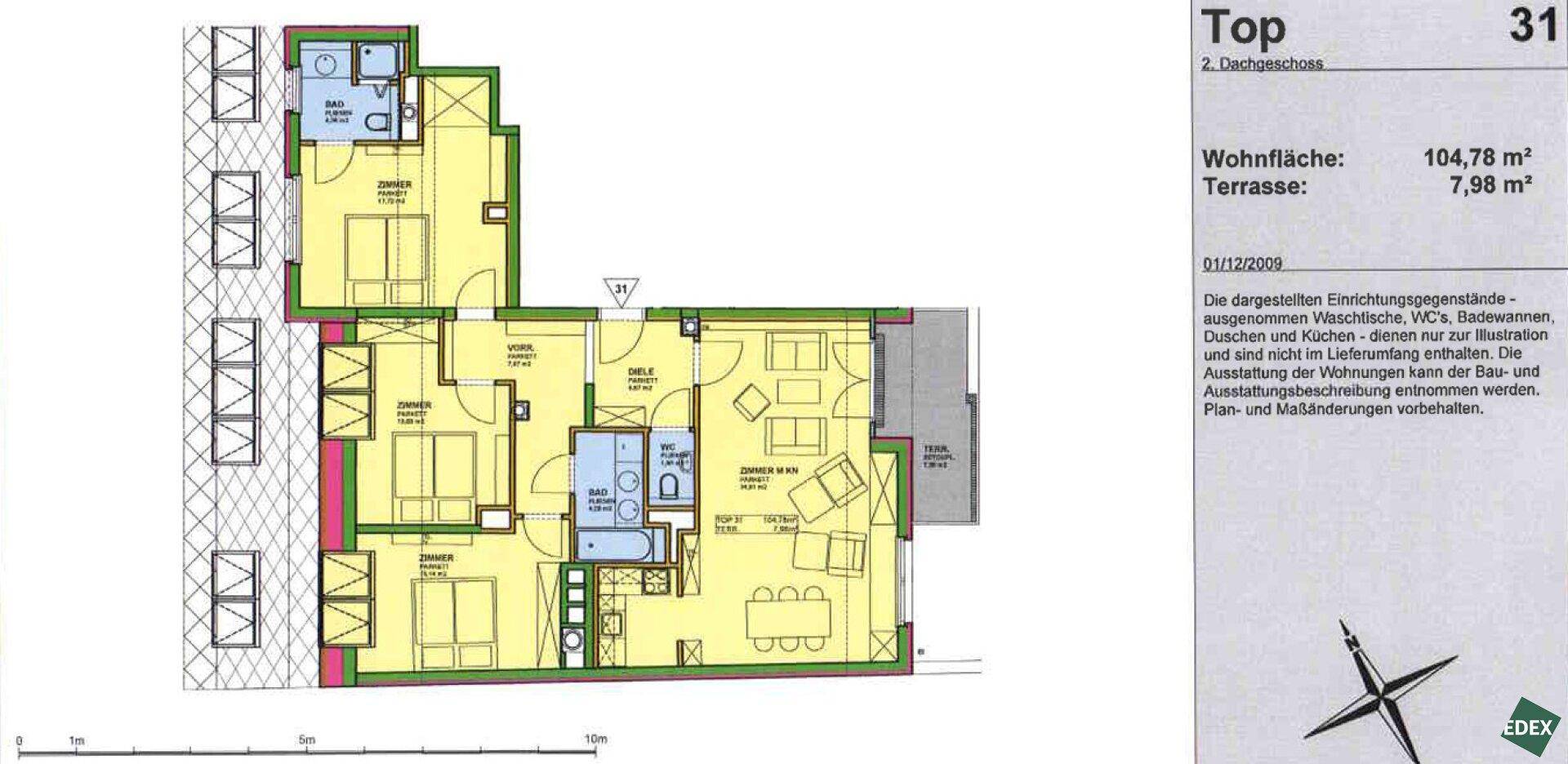 Grundriss der Wohnung im 2. Dachgeschoss mit 104,78 m² Wohnfläche und 7,98 m² Terrasse.