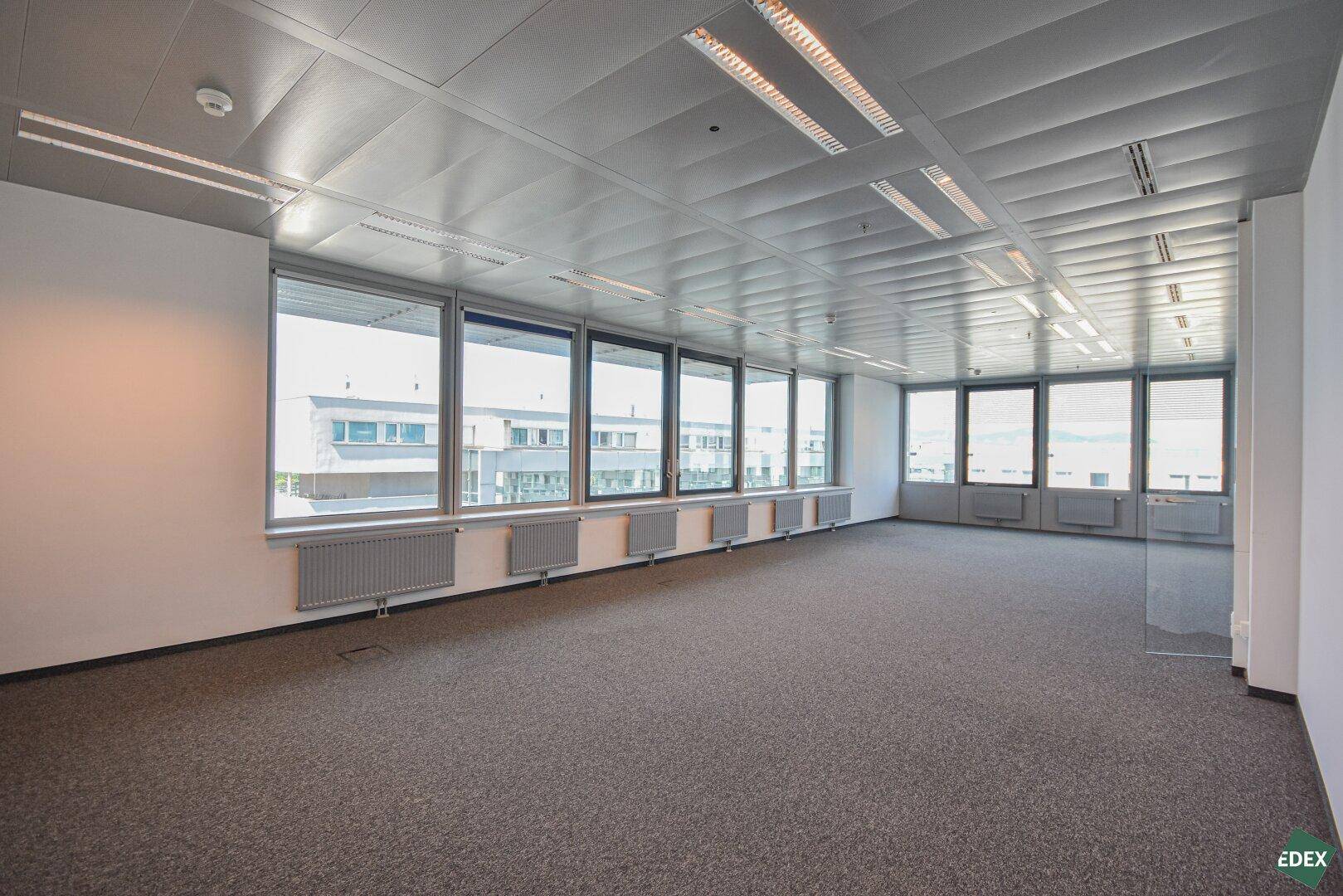 Helle Büroecke mit großen Fenstern, Heizkörpern unter den Fenstern und grauem Teppichboden.