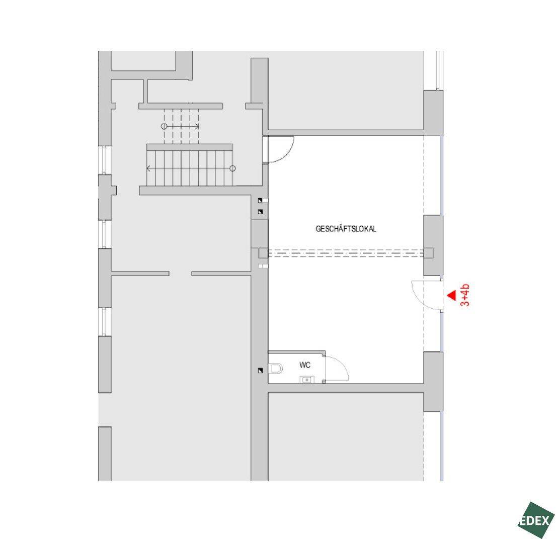 Grundriss eines Geschäftslokals mit separatem WC und Zugang zum Treppenhaus.