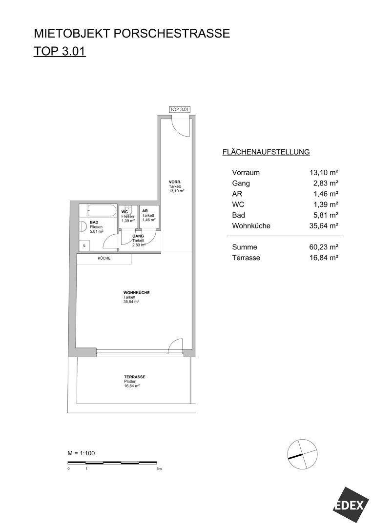 Grundriss der Einheit TOP 3.01 mit Wohnküche, Bad, WC und einer Terrasse von 16,84 m².