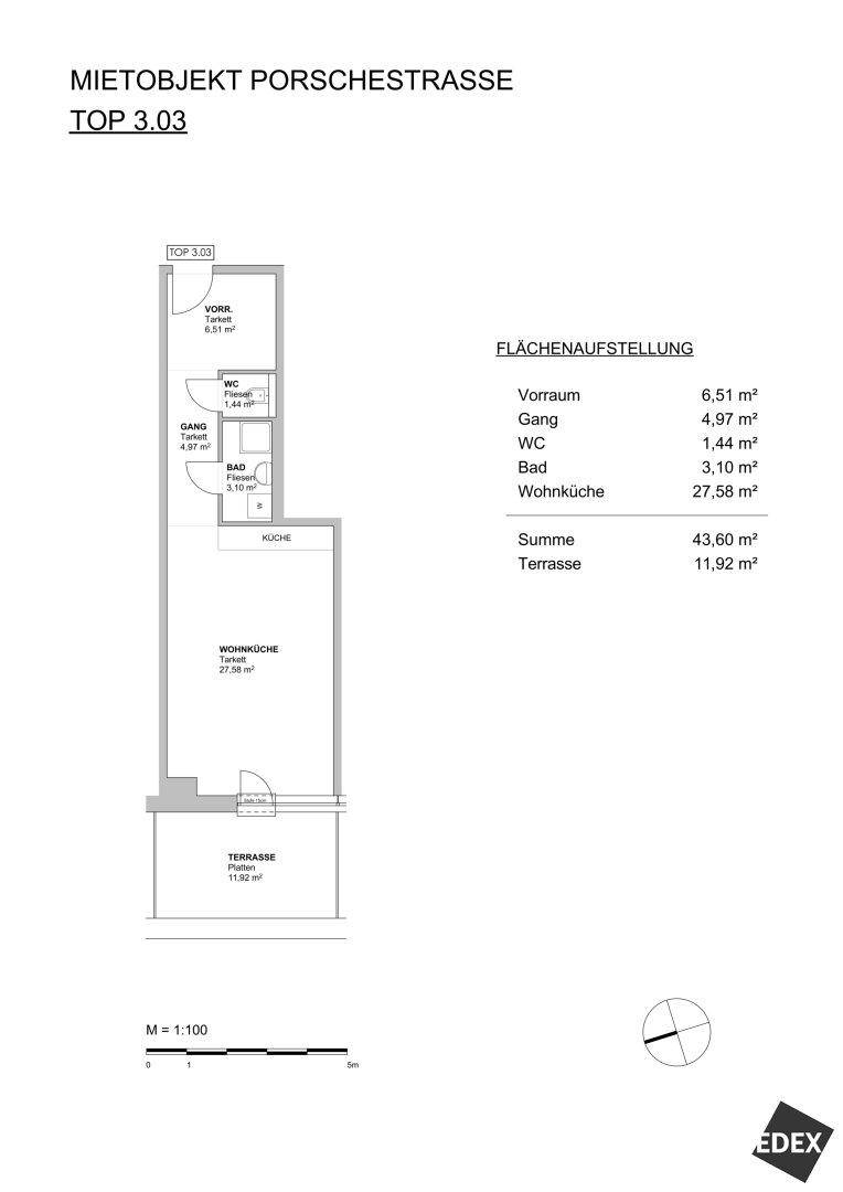 Grundriss der Einheit TOP 3.03 mit Wohnküche, Bad, WC und einer Terrasse von 11,92 m².