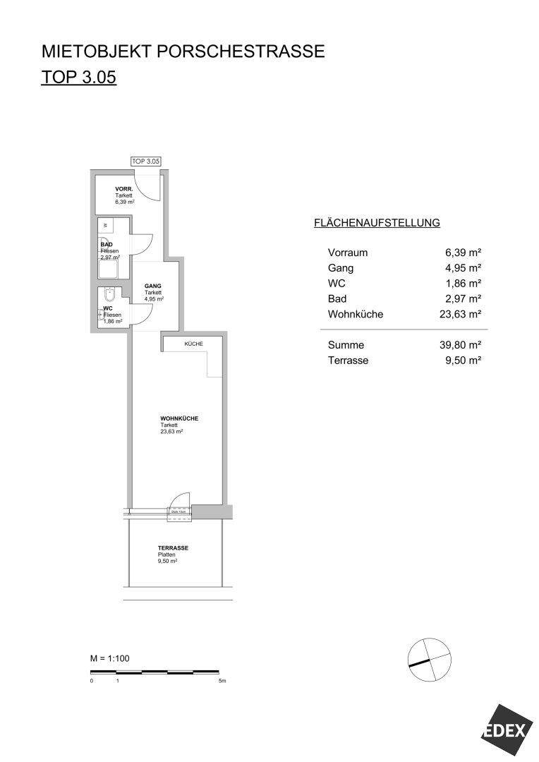 Grundriss der Einheit TOP 3.05 mit Wohnküche, Bad, WC und einer Terrasse von 9,50 m².