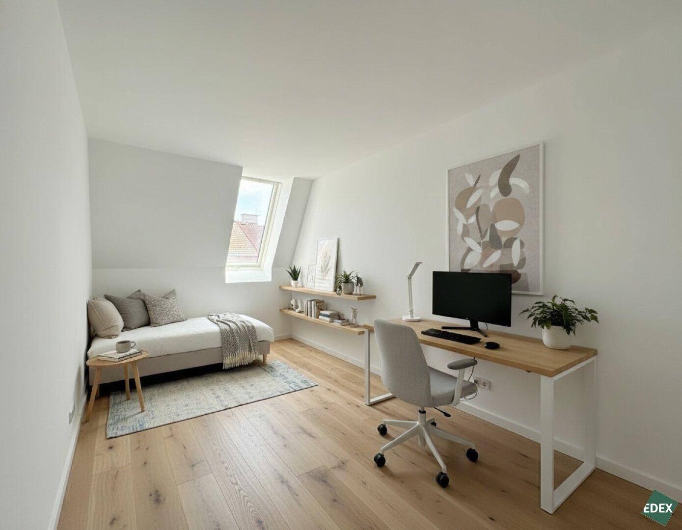 Modernes Arbeitszimmer mit Schreibtisch, Tagesbett und Holzboden unter einem Dachfenster.